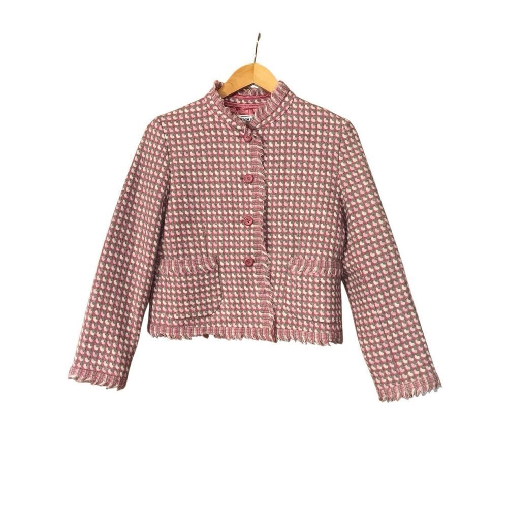 Pendleton Tweed virgin wool Blazer cropped pink gray cream fringe size 6P Made i